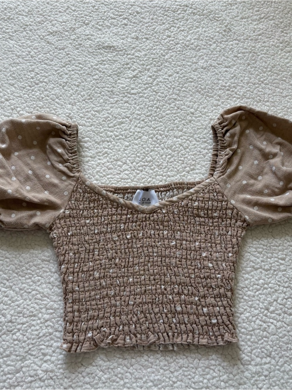 J.O.A. Taupe Polka Dot Smocked Puff Sleeve Crop Top Small Milkmaid Coquette Boho